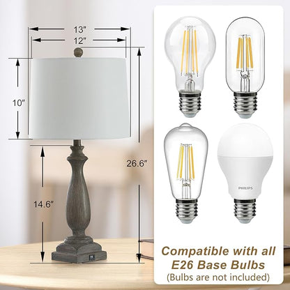 26'' Traditional Table Lamps Set of 2 with USB Charging Port, 3-Way Dimmable Rustic Farmhouse Resin Bedside Lamps for Bedroom, Vintage Nightstand Desk Lamp for Living Room &White Linen Shade