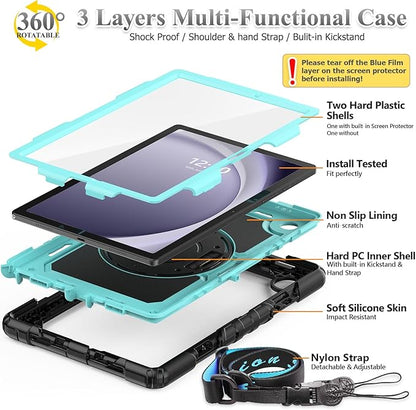 SEYMAC stock Case for Samsung Galaxy Tab A9 8.7'', Full-Body Drop Protection Case with Screen Protector Pencil Holder [360° Rotating Hand Strap] &Stand, SkyBlue+Black