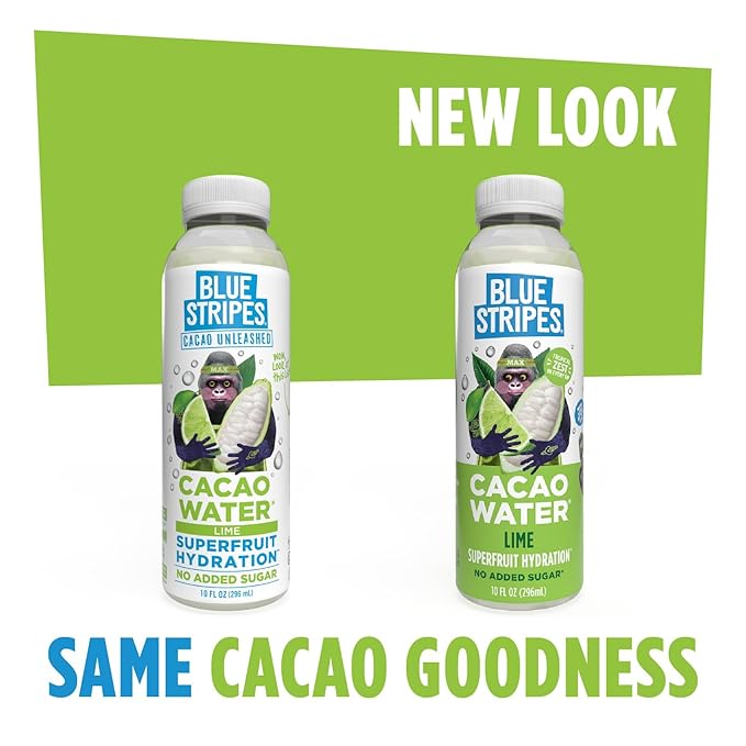 Blue Stripes Cacao Water - Cold Pressed Superfruit Hydration with Electrolytes & Antioxidants, No Sugar Added, All Natural, Great for Protein Shakes & Smoothies - Lime, 12 Pack