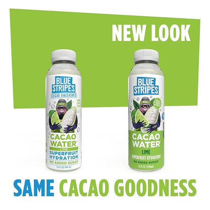 Blue Stripes Cacao Water - Cold Pressed Superfruit Hydration with Electrolytes & Antioxidants, No Sugar Added, All Natural, Great for Protein Shakes & Smoothies - Lime, 12 Pack