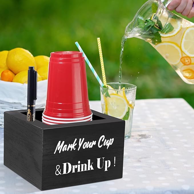 Wooden Cup Holder - Party Cup Holder with Marker Slot, for Party and Wedding, Rustic Disposable for Bar, Kitchen, Countertop, Home & Office, Black