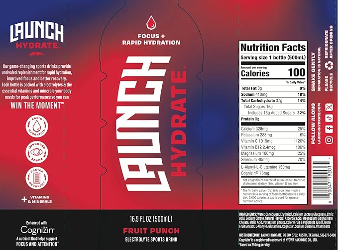 Sports Drink - Real Cane Sugar, Half the Sugar, 3x Electrolytes, Cognizin® for Focus, Vitamin B12 Energy Boost, L-Alanyl & L-Glutamine Hydration Formula, No Artificial Sweeteners, Colors, or High Fructose Corn Syrup – Fruit Punch Flavor – Trusted by Pe...