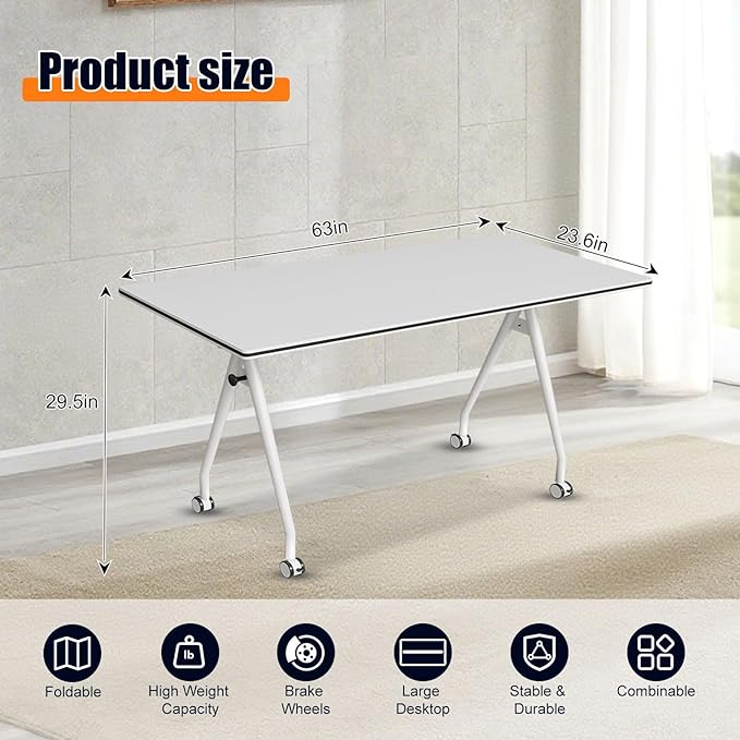 Folding Conference Table, Rectangular Conference Room Tables, Mobile Modular Training Table, Solid Steel Frame,Thickened Panel,for Offices,Meeting Room,Offices andSchools (2, White, 63in)