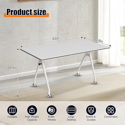 Folding Conference Table, Rectangular Conference Room Tables, Mobile Modular Training Table, Solid Steel Frame,Thickened Panel,for Offices,Meeting Room,Offices andSchools (8, White, 63in)