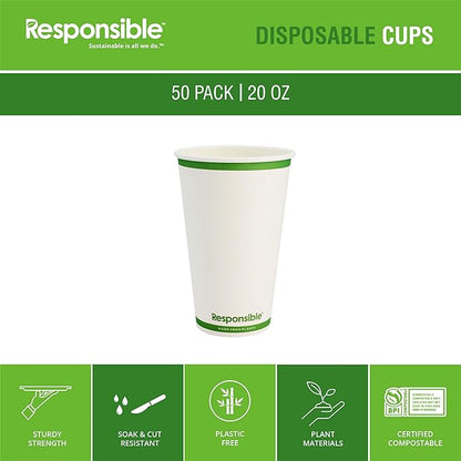 Responsible Products Certified Compostable 20 oz Paper Cups, Cold ＆ Hot Coffee Cups, Disposable Paper Cups, Extra Strength Disposable Cups, Made without PFAS (50 count)