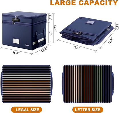 DocSafe File Box with Lock,Multi-Layer Fireproof Document Box Collapsible File Storage Organizer with Pockets/Handle,Large Portable Home Office Filing Safe for Hanging Letter/Legal Size Folders,Blue