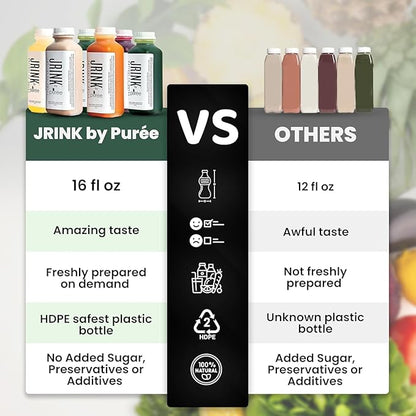 JRINK by Purée Easy Juice Cleanse, Cold Pressed Detox Drink with Organic 4 Day-Healthy Vegetable and Fruit Juice, Frozen Pressed Juice Cleanse, 24 Bottles, 16oz Each