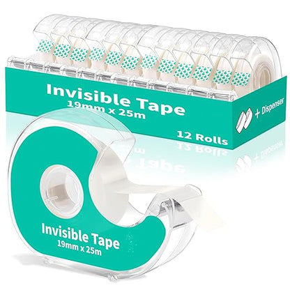 Invisible Clear Tape Bulk with Dispenser,12 Pack Transparent Tapes Frosted Writable, Bulk Tape Rolls 7/10 X 1000 Inches School Home Office Supplies for Gift Paper Wrapping, Art Craft, Labeling