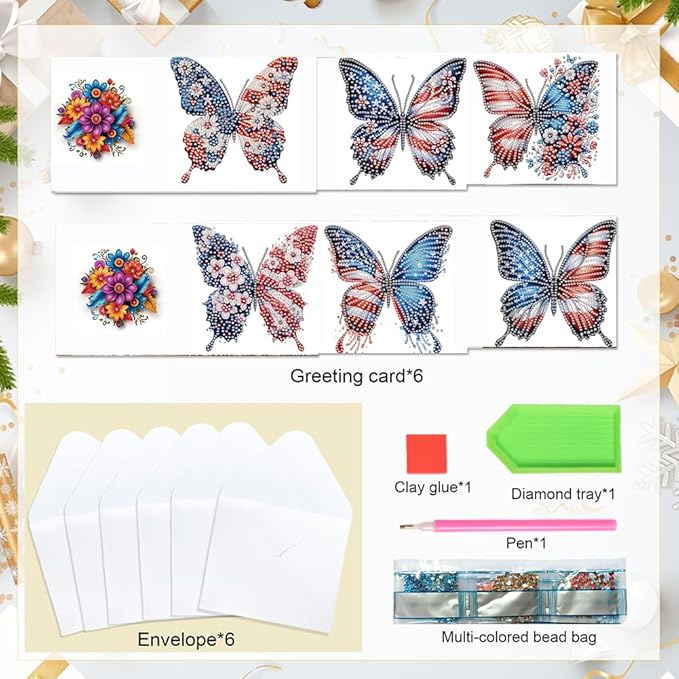 6PCS Diamond Art Painting Greeting Card Set, US Flag Butterfly Pattern DIY Cards with Envelopes for Xmas Birthdays Special Occasion Blessing
