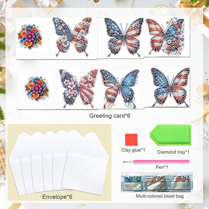 6PCS Diamond Art Painting Greeting Card Set, US Flag Butterfly Pattern DIY Cards with Envelopes for Xmas Birthdays Special Occasion Blessing