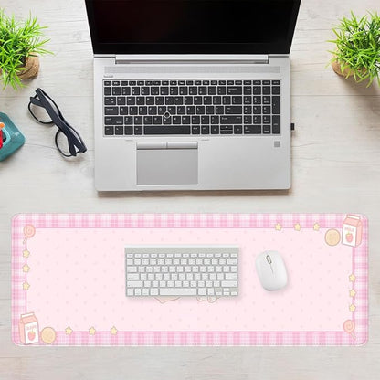 Cute Animals Gaming Mouse Pad Pink Kawaii Cartoon Rabbit Bear Extended Gaming Mouse Pad Mat with Stitched Edge Non-Slip Base Big Mousepad 31.5"x11.8"