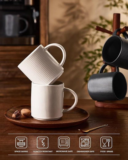 famiware Coffee Mug Set for 4, Star 16 oz Catering Mugs Cup Set with Handle for Coffee, Tea, Cocoa, Milk - Ceramic Stoneware Drinkware Set, Matte White + Matte Dark Charcoal