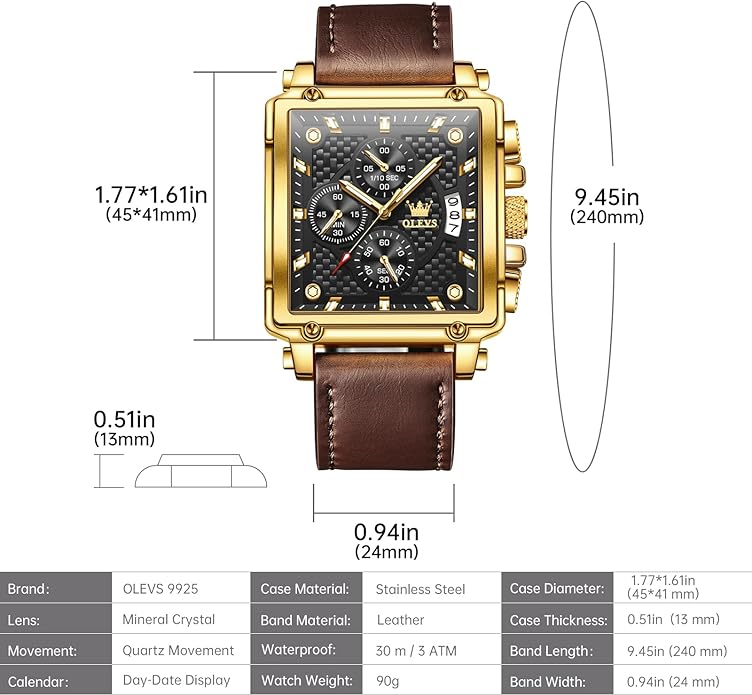 OLEVS Men's Chronograph Leather Watch, Big Face Easy to Read Analog Quartz Dress Watch, Casual Waterproof Luminous Hands Date Watches for Men, White/Blue/Black/Gold Dial