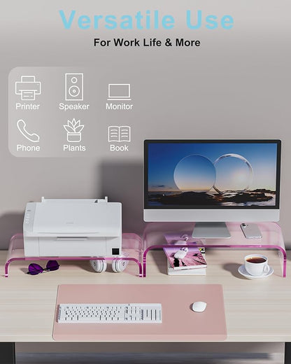 Acrylic Dual Monitor Stand Riser 2 Tier, Modular Laptop Stand for Desk, Multifunctional Desktop Organizer Shelf for PC, iMac, Printer, Detachable Monitor Stand for Office or Home, Pink