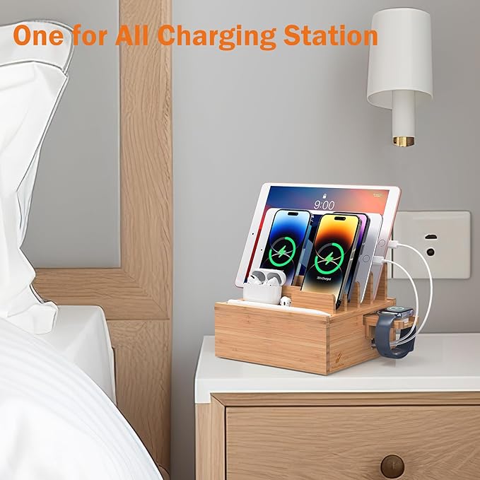 Pezin & Hulin Desktop USB Charging Station with Bamboo Charging Station, Desktop Charger Block, Compatible with Tablet, Cell Phone, Earbuds, Smartwatch