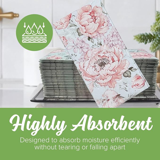 SimuLinen Pink Garden - Disposable Paper Towels for Bathroom, Guest Hand Towels, Cloth-Like Linen-Feel, Single-Use, Size 12x17" - 300ct (Made in Germany)