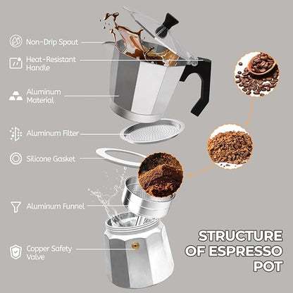 Aluminum 14 Cup 700ml Moka Pot Express Coffee Maker Stovetop Espresso Percolator Coffeemaker Italian Classic Style Brewing Greca Cafe Mocha Machine for Cafeteras Lover Camping Travel and Home Use 24oz