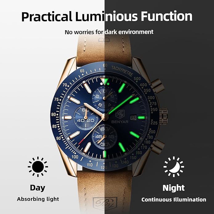 BY BENYAR Watch for Men Analog Quartz Chronograph Waterproof Luminous Designer Mens Wrist Watches Business Work Sport Casual Dress Watch with Silicone Strap Elegant Gifts for Men