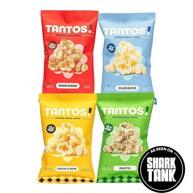 Tantos! Puffed Pasta Chips – Healthy Pasta Snack by Top Chef Joe Sasto – Plant-Based, Low Calorie, Crunchy Chips – Variety Pack – Marinara, Pesto, Cacio e Pepe, Classico – Gourmet Bold Flavors – (4oz-4 Pack (1 of Each Flavor), Variety)