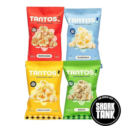Tantos! Puffed Pasta Chips – Healthy Pasta Snack by Top Chef Joe Sasto – Plant-Based, Low Calorie, Crunchy Chips – Variety Pack – Marinara, Pesto, Cacio e Pepe, Classico – Gourmet Bold Flavors – (4oz-4 Pack (1 of Each Flavor), Variety)