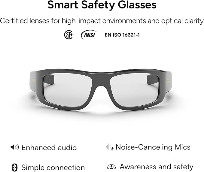 Lucyd Armor Smart Safety Glasses, TR90 Frame, Light Adaptive Lenses, Open Ear Speakers & Microphone - ANSI Z87.1