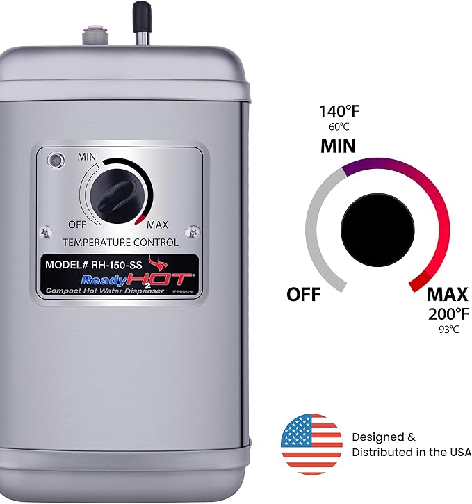 Ready Hot Compact Instant Hot Water Dispenser, Stainless Steel Tank, Wall Mounted, Adjustable Temperature Control, Includes Hot and Cold Dual-Lever Faucet with Chrome Finish, 41-RH-150-F560-CH