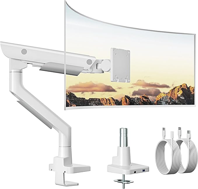 monTEK Sleek Aluminum Monitor Arm for 17–57” Ultrawide Screens up to 59 lbs, USB 3.0 A/C, Heavy Duty Single Monitor Arm Desk Mount, Pneumatic Lift, Quick-Release Plate, Clamp/Grommet, Max VESA 100x100