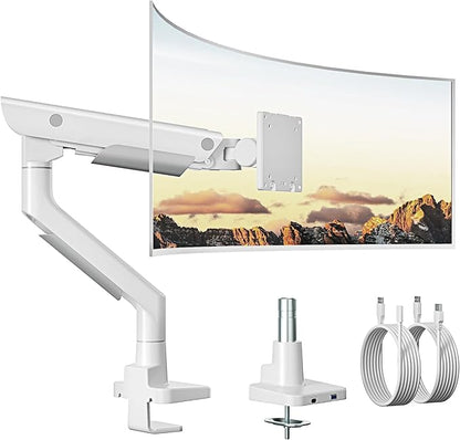monTEK Sleek Aluminum Monitor Arm for 17–57” Ultrawide Screens up to 59 lbs, USB 3.0 A/C, Heavy Duty Single Monitor Arm Desk Mount, Pneumatic Lift, Quick-Release Plate, Clamp/Grommet, Max VESA 100x100