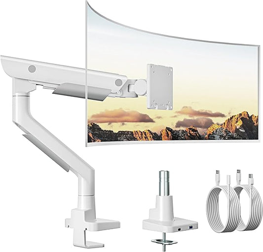 monTEK Sleek Aluminum Monitor Arm for 17–57” Ultrawide Screens up to 59 lbs, USB 3.0 A/C, Heavy Duty Single Monitor Arm Desk Mount, Pneumatic Lift, Quick-Release Plate, Clamp/Grommet, Max VESA 100x100
