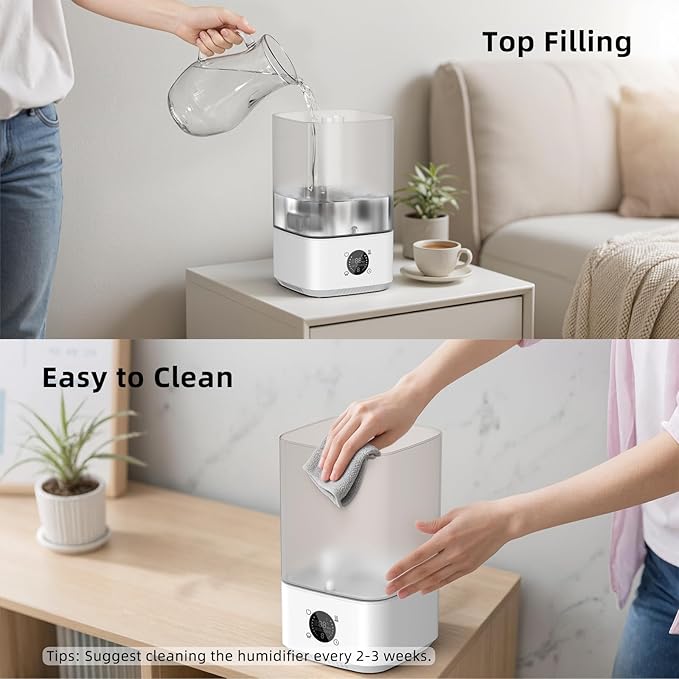 6L Humidifier for Bedroom Large Room Home, 800ft² Wide Coverage, 26dB Quiet,Easy Top Fill, Quickly & Evenly Humidify, Real-Time Humidity Monitoring and Anti-dry Burn, White