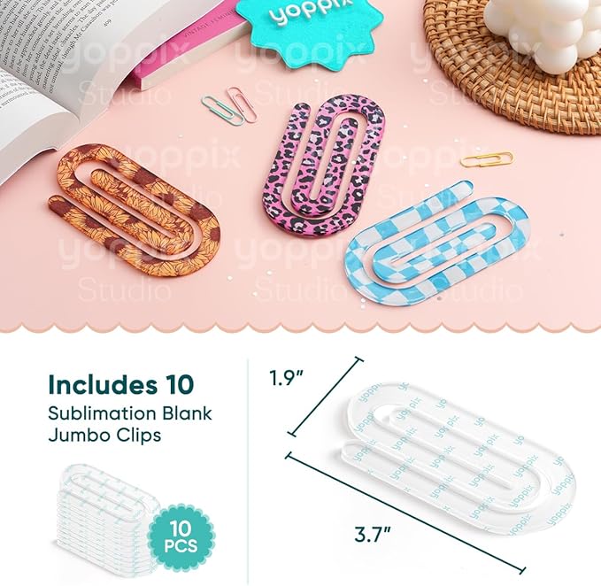 10 Pcs Sublimation Paper Clips Blanks - Clear Acrylic Jumbo Clips Paperclip Bookmark Clips for Heat Transfer, DIY Crafts, Office School Supplies, Customizable Gift Ideas