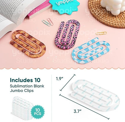 10 Pcs Sublimation Paper Clips Blanks - Clear Acrylic Jumbo Clips Paperclip Bookmark Clips for Heat Transfer, DIY Crafts, Office School Supplies, Customizable Gift Ideas