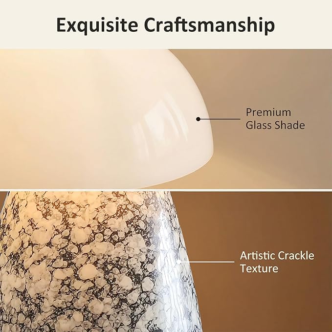 11" Mushroom Table Lamp, Small Ceramic Desk Bedside Lamp with Touch Control 3-Way Dimmable & Glass Shade, Modern Nightstand Lamp for Living Room Bedroom Home Office Crackle Texture Decor-Black