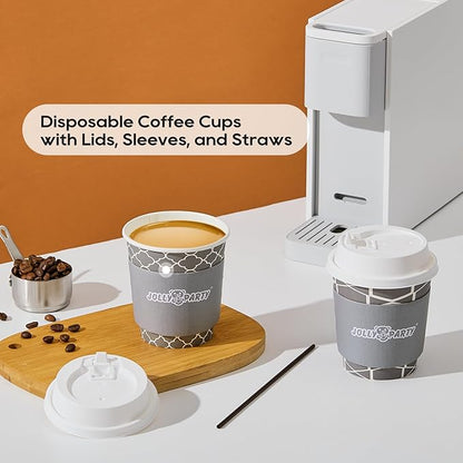 JOLLY PARTY [100 Sets] 10 oz Paper Coffee Cups, Disposable Coffee Cups with Lids, Sleeves and Straws, Hot Cold Beverage Drinking Cup for Water or Tea, To-Go Cups Suitable for Office and Travel