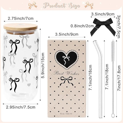 Coquette Black Bow Aesthetic Cup With Gift Box 16oz Glass Cup with Lids Straws and Black Bow Iced Coffee Smoothie Cute Tumbler with Cleaning Brush for Girls Bestfriend Sister Girlfriend, Preppy Stuff