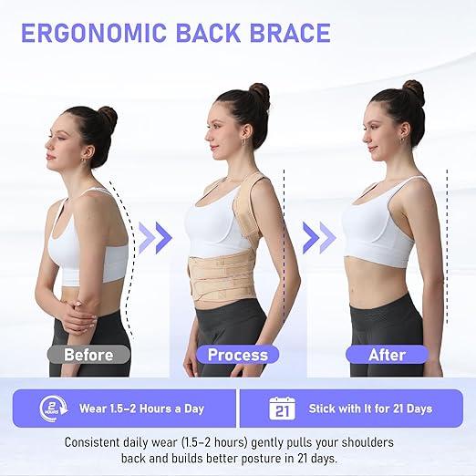 Posture Corrector for Women and Men, Back Brace with Full Back Support, Adjustable Shoulder Straightener for Upper & Lower Back Pain Relief, Scoliosis, Hunchback (Large, Beige)