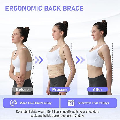 Posture Corrector for Women and Men, Back Brace with Full Back Support, Adjustable Shoulder Straightener for Upper & Lower Back Pain Relief, Scoliosis, Hunchback (Large, Beige)