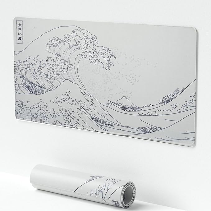Large Japanese Sea Wave Mouse Pad - White Anime Desk Mat, Extended Non-Slip Keyboard Pad, Kanagawa Office Desktop Protector 23.6" x 11.8" for Gaming, Office and Home