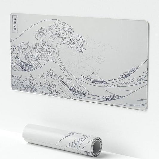 Large Japanese Sea Wave Mouse Pad - White Anime Desk Mat, Extended Non-Slip Keyboard Pad, Kanagawa Office Desktop Protector 23.6" x 11.8" for Gaming, Office and Home