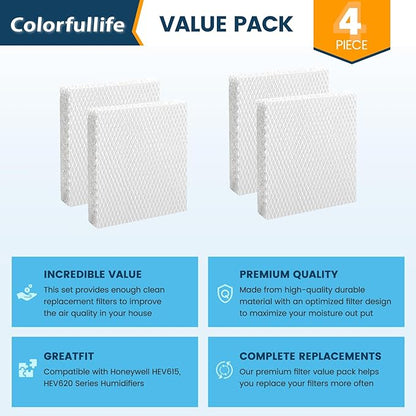 Colorffullife 4 Pack Humidifier Filter T for Honeywell Top Fill Tower Humidifier HEV615, HEV620, Replacement HFT600 Filter T