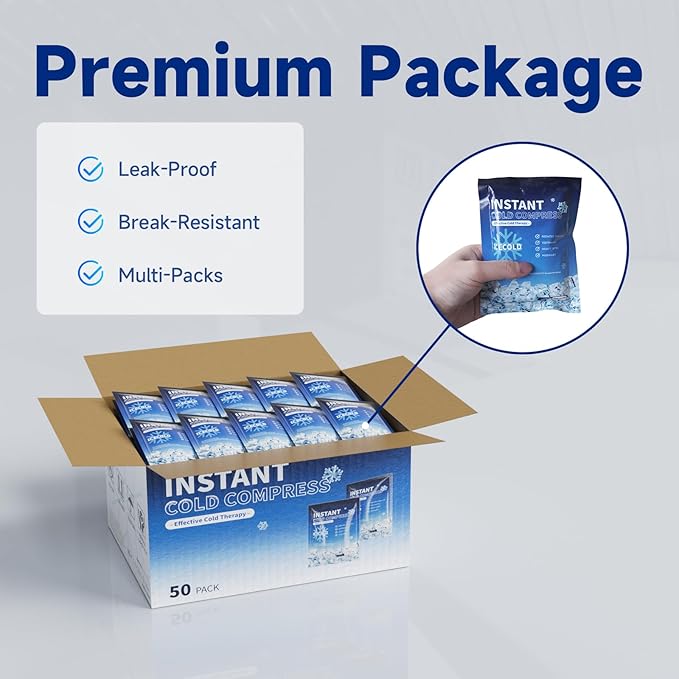 50 Instant Ice Cold Packs, 4.4" x 6" Disposable Ice Packs for Injuries, Pain Relief, No Freeze Needed Cold Compress for First Aid, Athletes