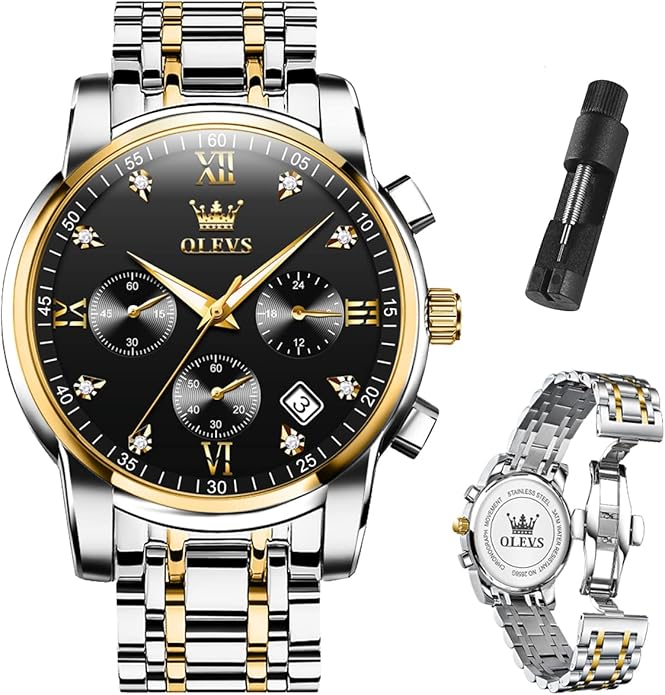 OLEVS Men's Luxury Watch Waterproof Luminous Easy Read Chronograph Watches Full Gold/White Dail/Black Face with Calendar Wristwatch