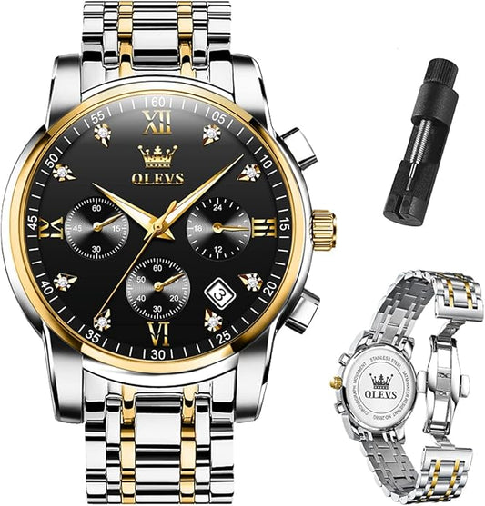 OLEVS Men's Luxury Watch Waterproof Luminous Easy Read Chronograph Watches Full Gold/White Dail/Black Face with Calendar Wristwatch