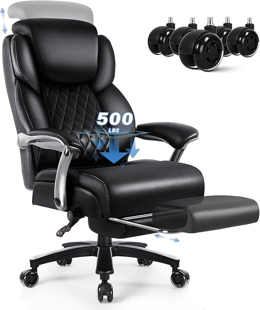 OFIKA 600lbs Big and Tall Office Chair with Foot Rest and Lifting Headrest,Large Heavy Duty Chair with Adjustable Lumber Support,Executive Office Chair,Leather Chair for Heavy People (Black)