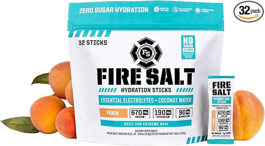 Fire Science Fire Salt Hydration Sticks, Electrolytes & Coconut Water, Hydration Drink Mix with Magnesium, Potassium & Sodium, Zero Sugar, Single Serve On The Go Packs, Vegan, Peach Flavor, 32 Count