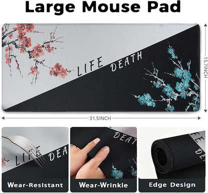 Cherry Blossoms Patterns Desk Mat, Large Gaming Mouse Pad Non-Slip Rubber Base with Stitched Edges, Waterproof Protection for PC Laptop Home Office Desk Decor (31.5x15.7in)