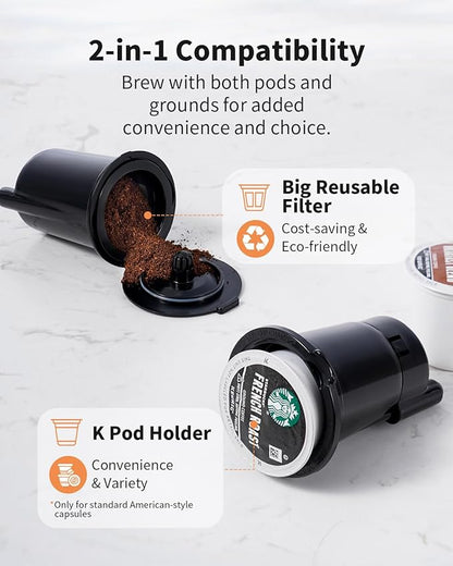 Hot & Iced Coffee Maker with Bold Setting, Single Serve Coffee Maker for K Cup and Grounds, 6-14 Oz Brew Sizes, 50 Oz Removable Water Tank, One Cup Coffee Machine with Reusable Filter, White
