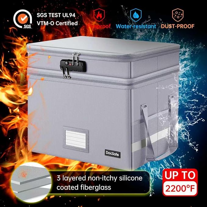 DocSafe File Box with Lock,Multi-Layer Fireproof Document Box Collapsible File Storage Organizer with Pocket,Large Portable Home Office Filing Cabinet Safe for Hanging Letter/Legal Size Folder,Silver