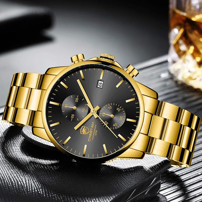 GOLDEN HOUR Fashion Business Mens Watches with Stainless Steel Waterproof Chronograph Quartz Watch for Men, Auto Date