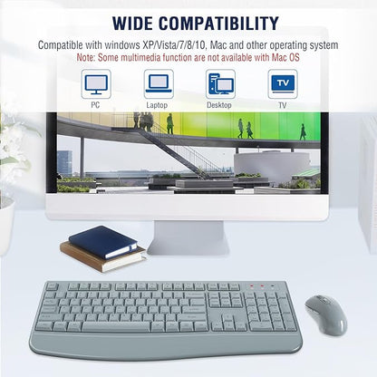 Wireless Keyboard and Mouse Combo, EDJO 2.4G Full-Sized Ergonomic Computer Keyboard with Wrist Rest and 3 Level DPI Adjustable Wireless Mouse for Windows, Mac OS Desktop/Laptop/PC(Grey)